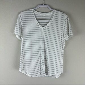 Lululemon White Black Stripe Short Sleeve V-Neck Athleisure Tee Shirt Size 8